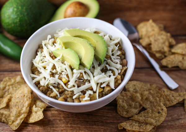 White Bean Salsa Verde Chili with Lentils & Quinoa