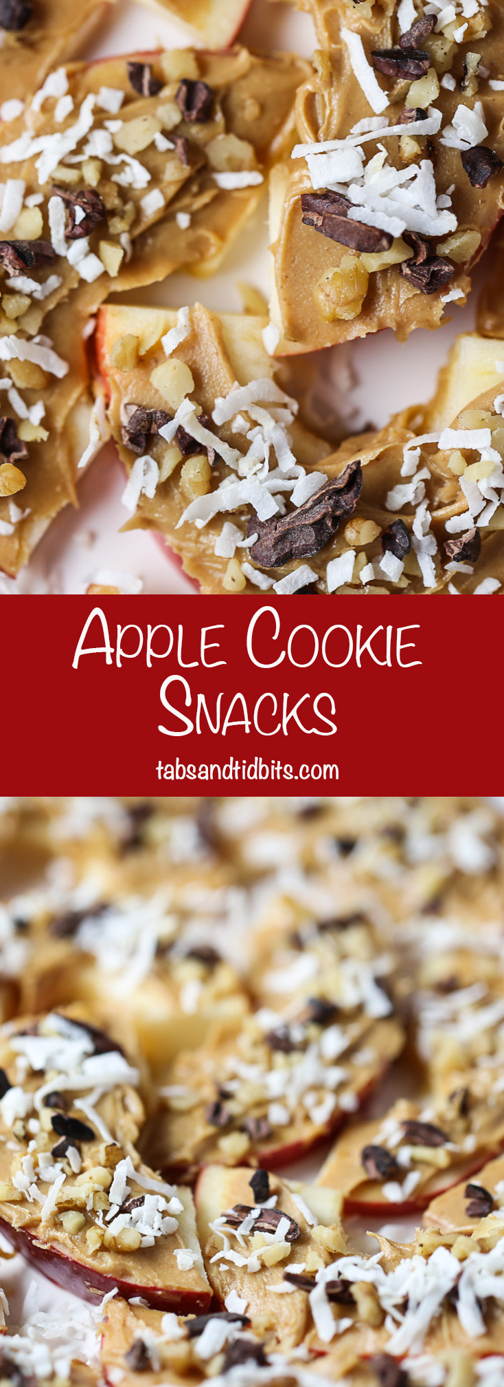 Apple Cookie Snacks - Apple Slices covered with peanut butter, nuts, cacao nibs & coconut! A non-boring and healthy snack!
