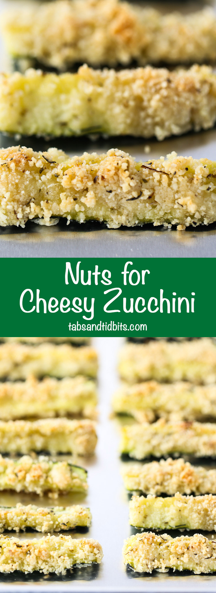 Nuts for Cheesy Zucchini -Zucchini coated in almond meal, pecorino romano cheese and seasonings baked into nutty and cheesy deliciousness!