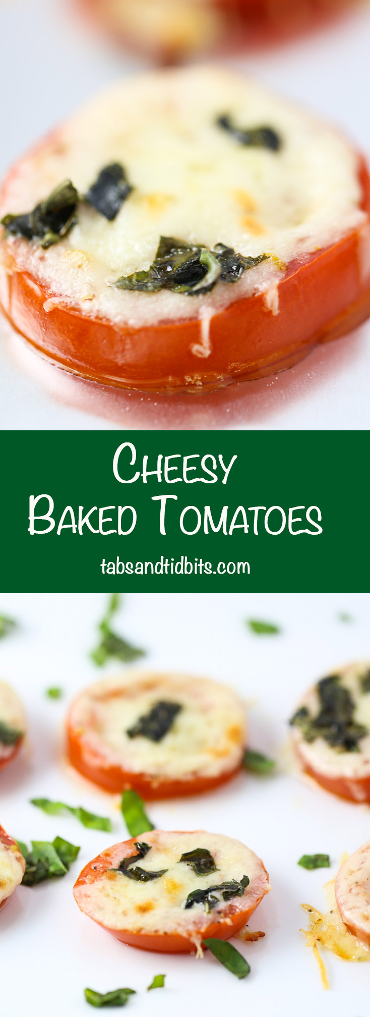 Cheesy Baked Tomatoes - Fresh tomatoes topped with cheese, fresh basil, and olive oil. Perfect for a light appetizer of an easy side dish.