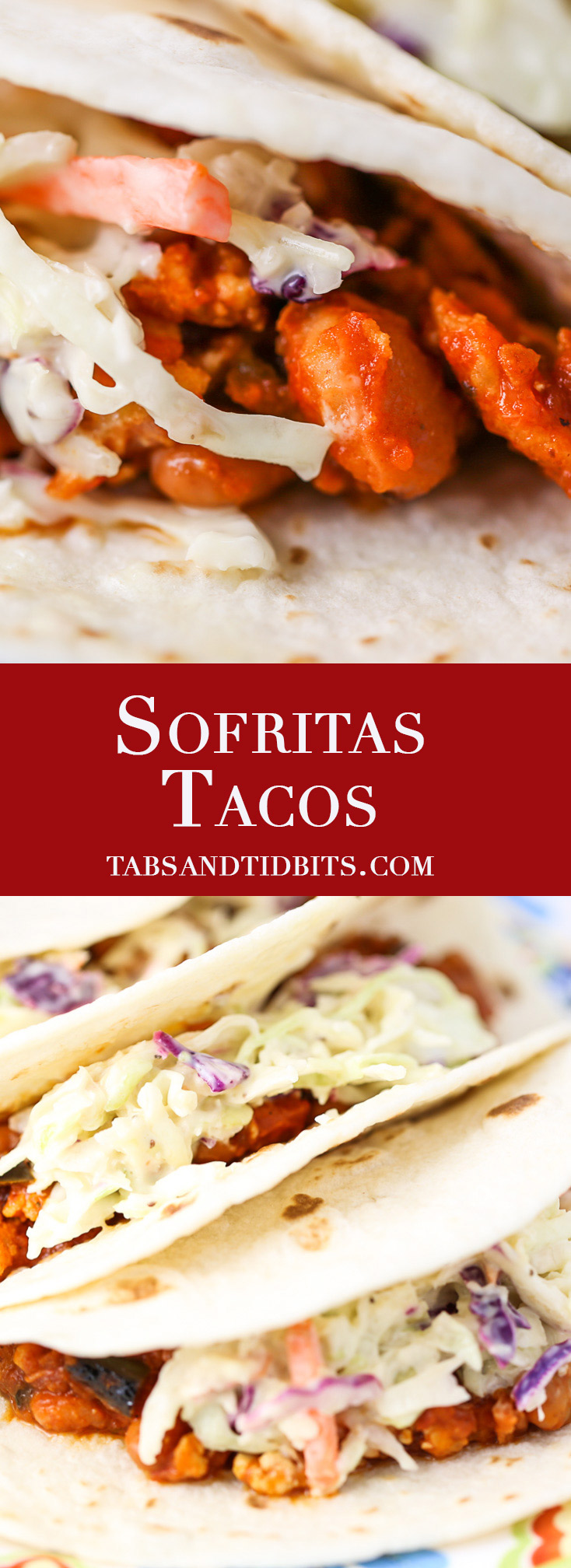 Sofritas Tacos - Spicy and flavorful tofu grounds and beans wrapped in soft flour tortillas and topped with cool and crisp coleslaw!