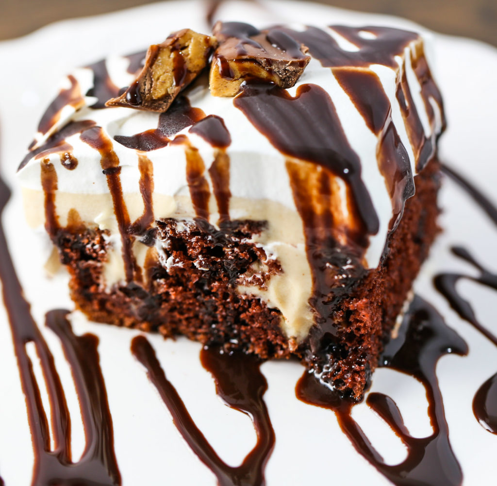 Chocolate Peanut Butter Poke Cake - Tabs & Tidbits