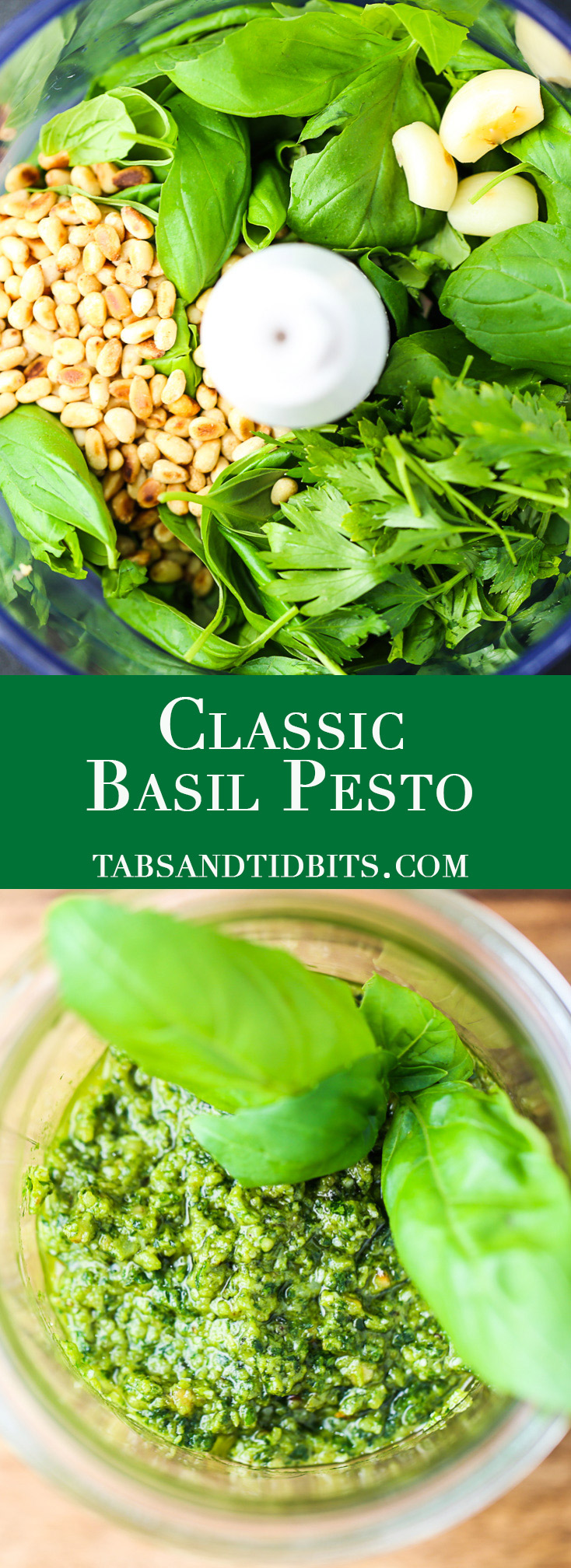 Fresh basil with toasted garlic and pine nuts along with fresh parsley to intensify the vibrant green color of the pesto! 