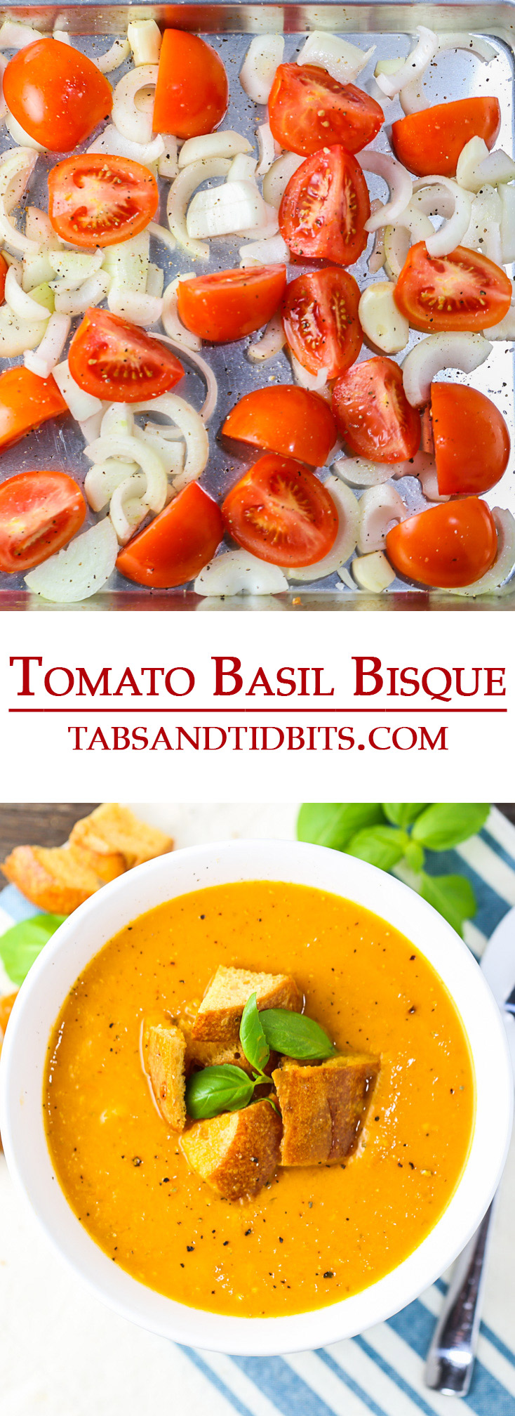 Fresh roasted tomatoes, onions and garlic are simmered together and blended with fresh basil, creating this delicious and creamy vegan Tomato Basil Bisque!