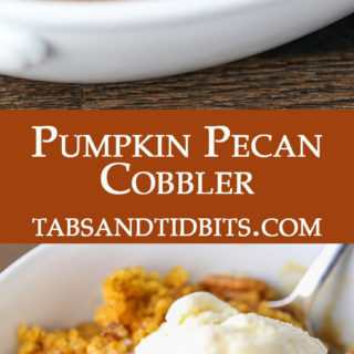 A pumpkin spice cake-like cobbler with a surprise hot caramel sauce on the bottom. Best served with a generous scoop of vanilla ice cream!