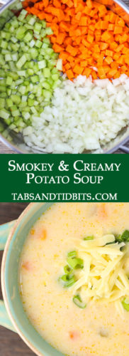 A filling potato soup filled with veggies, creaminess and delicious smokey seasonings topped with smokey Gouda cheese!