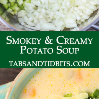 A filling potato soup filled with veggies, creaminess and delicious smokey seasonings topped with smokey Gouda cheese!