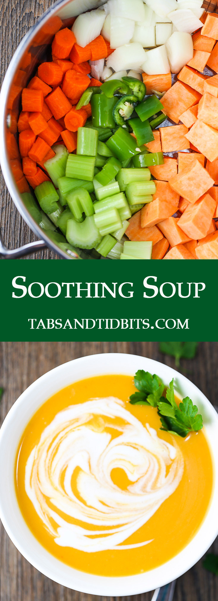 Sweet potatoes, carrots, onions, celery, and jalapenos are blended together to create a smooth and soothing soup!