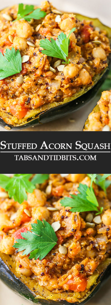 Stuffed Acorn Squash is baked and stuffed with a filling protein packed mixture of quinoa, chickpeas, tomatoes and a variety of spices! Both vegetarian and vegan-friendly and full of nutrition!